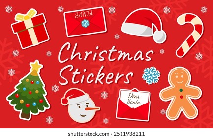 Christmas sticker set consisting of Santa hat with snowman, New Year tree, mail letter to Claus, gingerbread man, gift box, candy cane. Xmas stickers for printing commerce and other