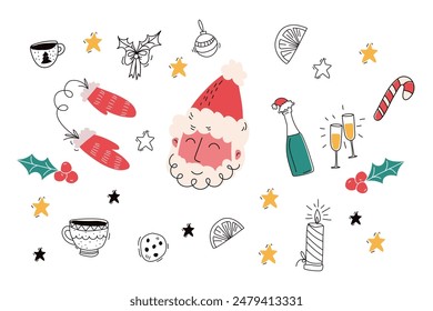 Conjunto de pegatinas de Navidades. Estilo de dibujos animados Doodle. Personajes de historietas y Elementos. Árbol de Navidad, Santa Claus, champán, copas, nochebuena, mitones, velas, chocolate caliente, copos de nieve, campanas, ora