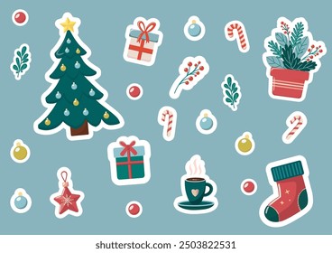 Christmas sticker set with festive tree, gifts, decorations, and cozy holiday elements in a cartoon style. For print and digital use