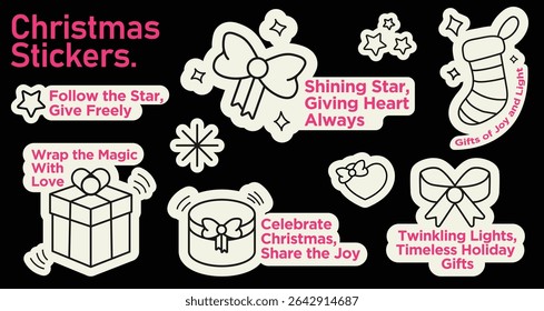 Christmas Sticker Set With Funny Doodle Cartoon Icons, Santa Tree Gifts Paper Vibe in cute retro vector style