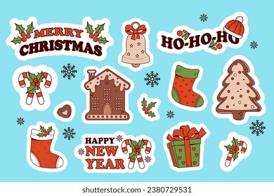 Christmas sticker set. Gingerbread house and tree, toy bell, gift, xmas stocking and caramel and more. Cool vector Happy New retro cartoon elements in trendy groovy hippie style