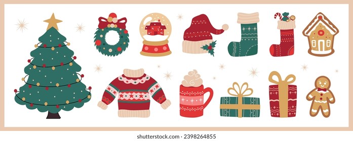 Christmas sticker set, holiday decorations, cartoon drawings with symbols, fir tree, santa's hat, warm sweater, gift boxes and other cozy objects. Vector illustration.