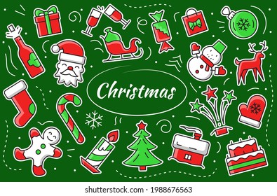 Christmas sticker set. New Year vector elements and objects. Cute illustration winter hygge symbols.