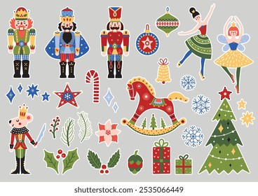 Christmas sticker set with Nutcracker, baljerina and festive symbols and design elements. Perfect for posters, postcard, invite, wall art, banner, card, cover. Transparent background.