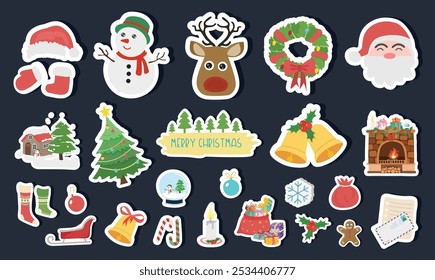 Christmas sticker set on dark background. Christmas element sticker clipart with christmas tree, santa, snowman, bell, reindeer. Flat vector in cartoon style isolated on white background.