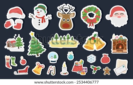 Christmas sticker set on dark background. Christmas element sticker clipart with christmas tree, santa, snowman, bell, reindeer. Flat vector in cartoon style isolated on white background.