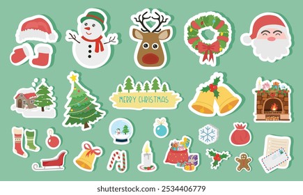 Christmas sticker set on light green background. Christmas element sticker clipart with christmas tree, santa, snowman, bell, reindeer. Flat vector in cartoon style isolated on white background.