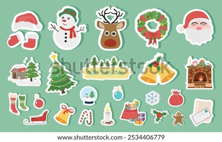 Christmas sticker set on light green background. Christmas element sticker clipart with christmas tree, santa, snowman, bell, reindeer. Flat vector in cartoon style isolated on white background.