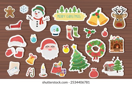 Christmas sticker set on wooden background. Christmas element sticker clipart with christmas tree, santa, snowman, bell, reindeer. Flat vector in cartoon style isolated on white background.