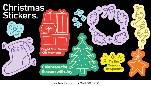 Christmas Sticker Set with Santa Tree Snowflake Gifts and Holiday Messages for Decorating Cards Scrapbooks Gift Wrap and Holiday Crafts Icons 