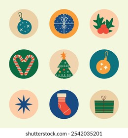 Christmas sticker set. Christmas tree, toys, gift, box, sock and other holiday elements. New Year or Christmas card, background, poster, print