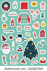 Christmas sticker set. Christmas tree and wreath, santa claus, candys, warm clothes, snowman and other. Winter collection isolated on blue background.