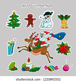 Christmas sticker set. Vector hand drawn clip art. Santa, deer, snowflake, Christmas tree, gift box, poinsettia, holly, mistletoe, christmas ball, bells, gingerbread man.