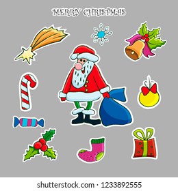 Christmas sticker set. Vector hand drawn clip art. Santa, deer, snowflake, Christmas tree, gift box, poinsettia, holly, mistletoe, christmas ball, bells, gingerbread man.