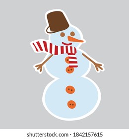 Christmas sticker with snowman in scarf, holiday element ready for print, vector illustration