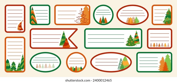 Christmas sticker with tree cartoon set. New Years and xmas traditional symbol trees, pines frame design for tags or labels typography. Hand drawn abstract doodle Christmas gift tag vector