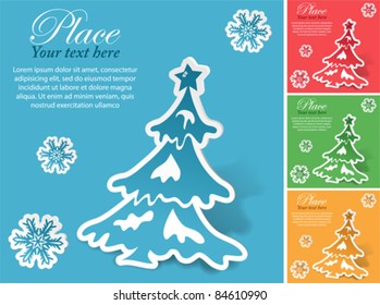 Christmas sticker with tree and snowflake in different colors, vector illustration