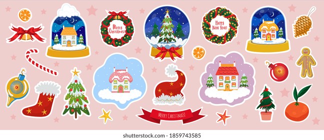 Christmas Sticker Vector illustration set with offset path. Collection of Snow Ball, Santa Hat, Christmas pine tree, Mandarin, Cone, Bauble, Gingerbread man, tree toy,Golden Bells, Candy Sock