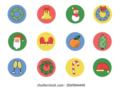 Christmas stickers. Bundle of round highlight stories covers.   Retro design for social media.