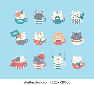 Christmas stickers with cats in cups
