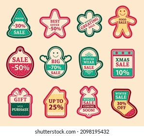 Christmas stickers. Christams tree, snowman, mitten and other christmas attributes vector illustration.. Icon set