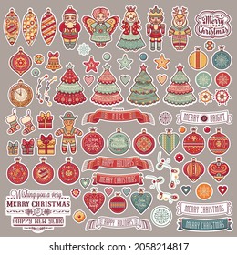 Christmas stickers clipart in an ornamental vintage style Christmas toy Christmas character lettering Nutcracker, snowman, angel, scarf, lettering, jing bells, tree, star, noel tree, bell, gingerbread