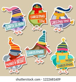 Christmas stickers collection with birds. Flat design