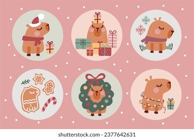 Christmas stickers collection with cute capybaras and Christmas decorative elements.