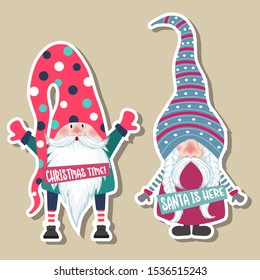 Christmas stickers collection with cute gnomes. Flat design