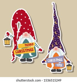 Christmas stickers collection with cute gnomes. Flat design