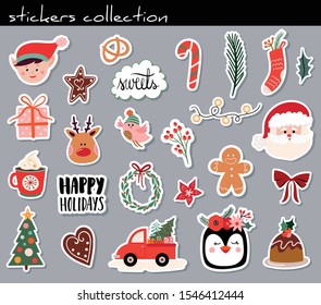 Christmas stickers collection with cute seasonal elements, isolated