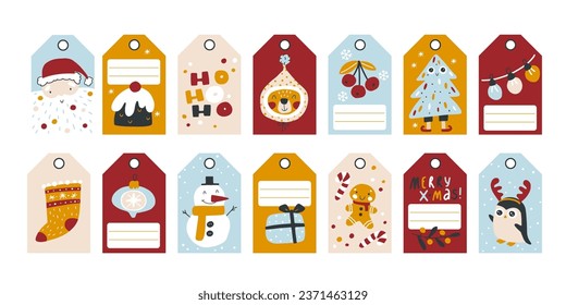 Christmas stickers collection for gift tags. Funny cute characters and decor in a simple hand-drawn modern childish style. Vector illustration in limited trend palette