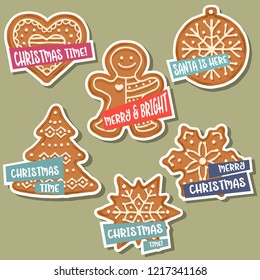 Christmas stickers collection with Christmas gingerbread and wishes. Isolated elements. Flat design