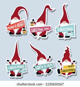 Christmas stickers collection with gnomes. Flat design