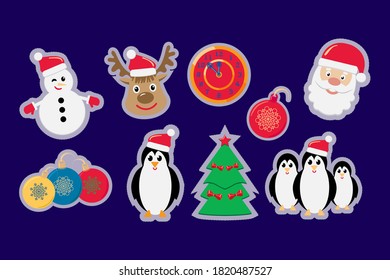 Christmas stickers collection on dark blue background. Cute Santa Claus, reindeer, christmas tree, snowman, penguin. Happy Christmas new year greeting gift design stickers set. Flat vector labels.