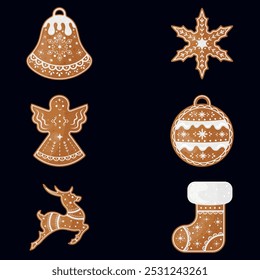 Christmas stickers. Collection of tasty ginger cookies: bell, snowflake, angel, ball, deer and Christmas sock on white background. Vector illustration.