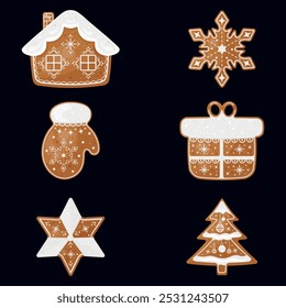 Christmas stickers. Collection of tasty ginger cookies: house, snowflake, mitten, gift, star and Christmas tree on white background. Vector illustration.