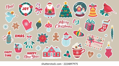 Christmas stickers collection. Vector illustration. Retro style