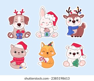 Christmas stickers, cute animals illustration set. Funny cartoon characters on New Year's holiday. Deer, puppy, kitten, fox, hare, teddy bear and Christmas decorations. Vector in flat style.