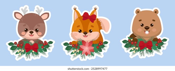 Christmas stickers with cute characters. Stickers with a deer, squirrel and beaver. Will decorate any gift. Cute forged animals for greetings