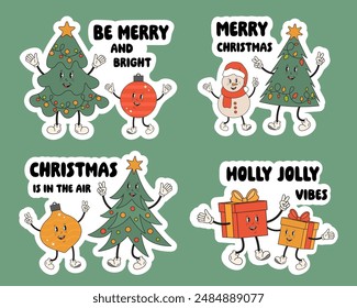 Christmas stickers with cute funny characters and Merry Christmas quotes and greetings. Christmas tree, decoration, gifts, snowman. Be merry and bright, Holly Jolly vibes, Christmas is in the air.