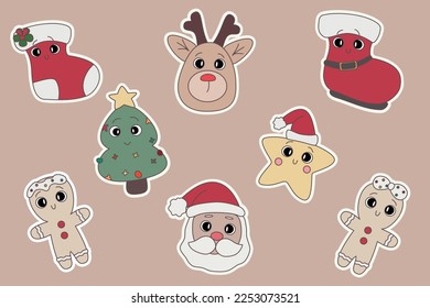 christmas stickers with a cute image of a sock, a cookie, a deer, a star, a Christmas tree