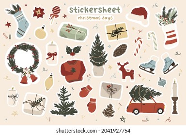 Christmas stickers with cute new year icon decorations. Winter holiday printable sticker sheet. Vector illustration in hand drawn cartoon flat style