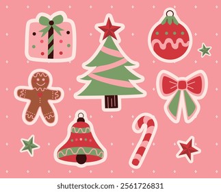 Christmas stickers with cute pink elements such as: Tree, ball, gift, gingerbread cookie, Christmas bow, bell, candy, star.
They are perfect for decorating.