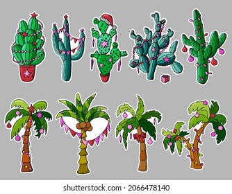 Christmas stickers with decorated palms and cacti.