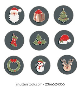 Christmas stickers of decorations, holiday gift, christmas tree, gift, snowman, Santa Claus, hat, and sock. Colorful vector illustration in flat cartoon style.