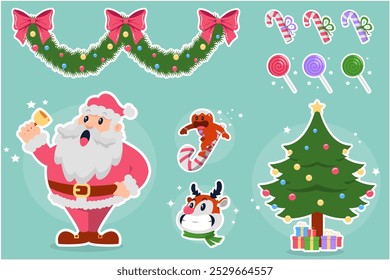 Christmas stickers and decorations, reindeer, gingerbread men, Santa Claus, Christmas tree, Christmas wreath, candy canes, lollipops