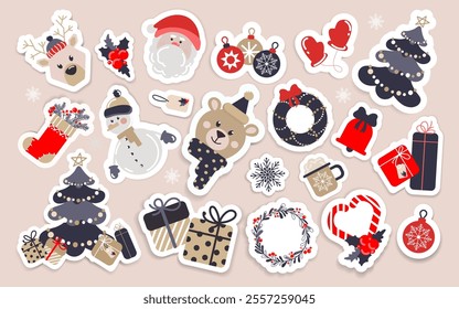 Christmas stickers. Festive elements set in simple cartoon style. Xmas and New Year stickers set for kids and adults. Cute winter animals, Christmas tree with gifts, wreaths and frames mood. Vector