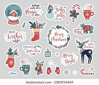 Christmas stickers with forest animals and decorative elements in scandinavian hand drawn style and lettering