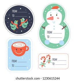 Christmas stickers with funny elements: snowflake, snowman, cup coffee, sweet candy, birds. Can be used for birthday party, New Year sticker, avatar, tag, cupcake toppers, clothes